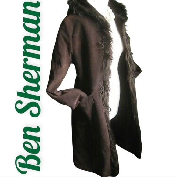 BEN SHERMAN VTG 100% GENUINE SUEDE PENNY LANE FAUX FUR CHOCOLATE BROWN COAT, 10 - Picture 1 of 13